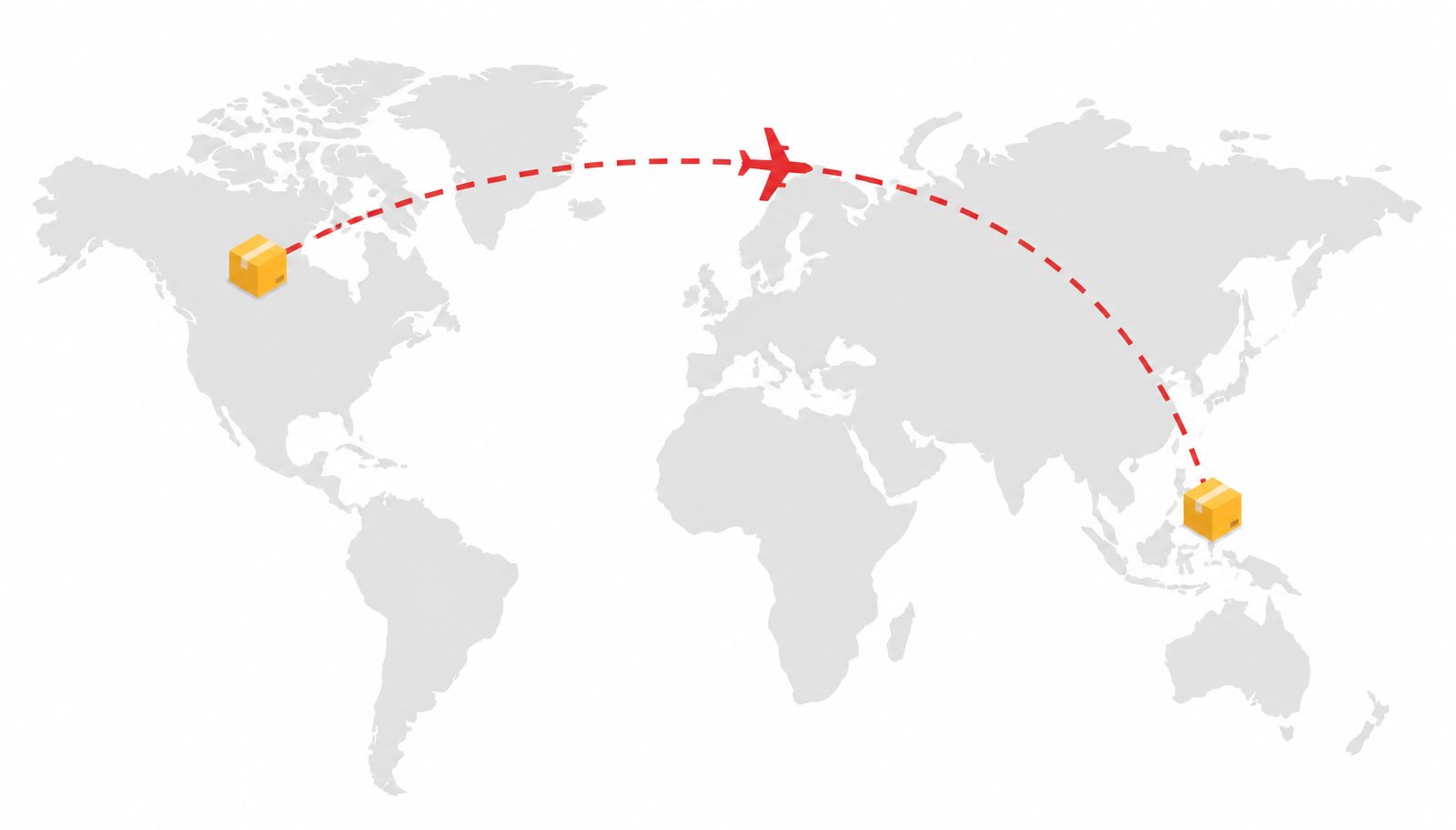 Carte du monde montrant un itinéraire de fret aérien en pointillé du Canada vers les Philippines